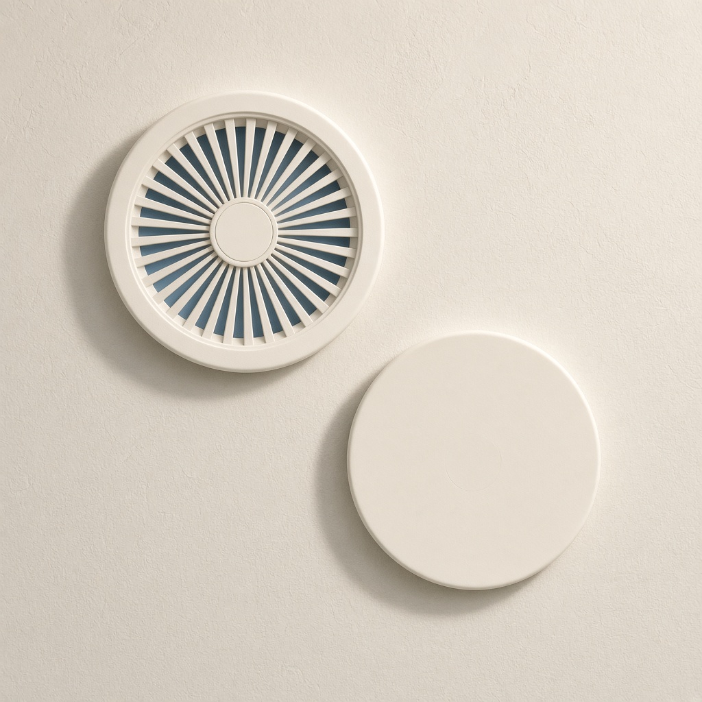 Round air register and a plain thermostat on plaster