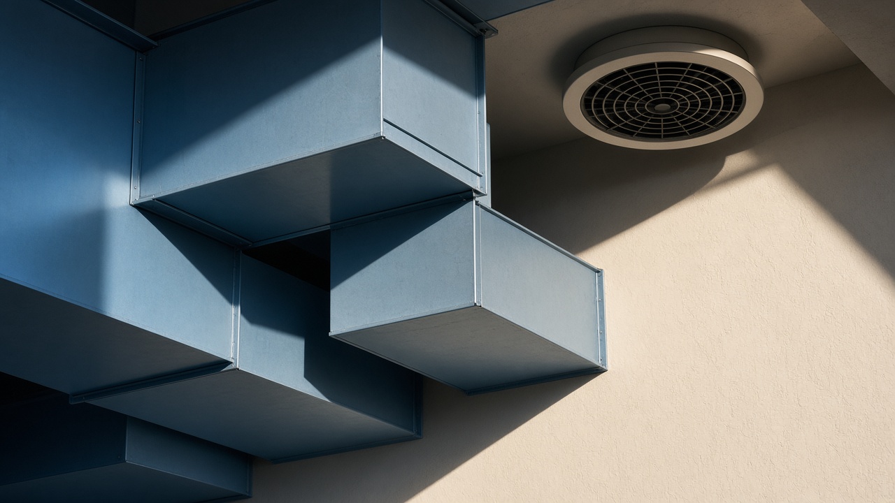 Geometric still life of sheet-metal ducts and a round ceiling register