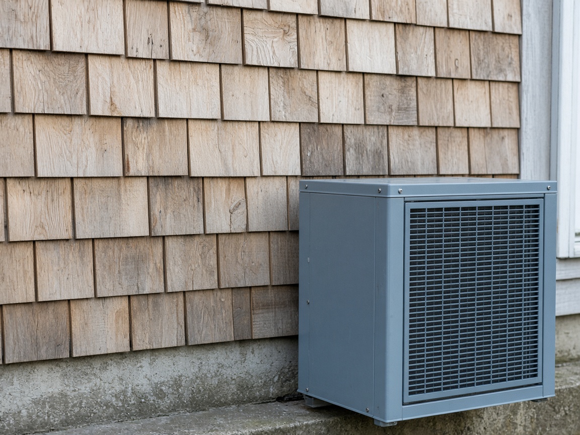 Outdoor condenser beside cedar shingles